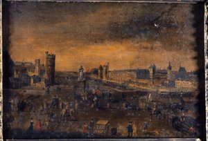 El Pont-Neuf, visto desde la entrada de la Place Dauphine, el Hôtel de Nevers, la Tour de Nesle, la Grande Galerie, con la Porte Neuve, y el Louvre, hacia 1640, actuales distritos 1º y 6º, entre 1635 y 1645 (óleo sobre lienzo).