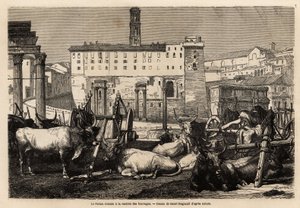 El foro romano tiene la renta de forraje, los bueyes yacen en medio de carros y ruinas antiguas. Grabado para ilustrar el viaje a Roma, por Francis Wey, en 1864-1868, publicado en “Le tour du monde” 1869, editado por Edouard Charton, edición Hachette de Unknown artist