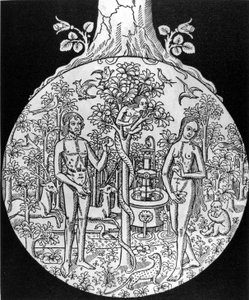 El Árbol de la Ciencia (Adán y Eva en el Paraíso) - grabado, deb. siglo XVI, en “La imaginería popular francesa” de Jean Adhemar de Unknown artist