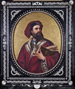 El explorador veneciano Marco Polo sosteniendo bajo su brazo 