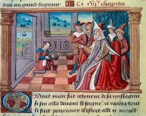 El navegante veneciano Marco Polo (1254-1324) frente al gran Qubilai (Kubilai Khan, primer emperador de la dinastía Yuan mongola (1215-1294). Miniatura tomada de "El Libro de las Maravillas" de Unknown artist