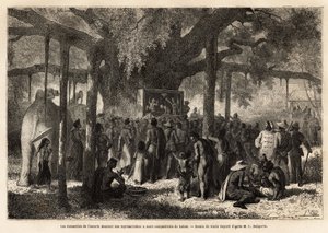 Los anamitas de la escolta de Garnier dan una representación improvisada a sus compatriotas en Lakon (Laos), después de haber montado un pequeño teatro de marionetas al pie de un baniano con un enorme tronco. Grabado para ilustrar el viaje de exploración e
