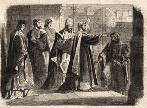 El arzobispo San Ambrosio de Milán (Aurelius Ambrosius, Ambrogio di Milano (340-397) prohibió la entrada a la iglesia al emperador romano Teodosio I (Flavius Theodosius) (347-395) para castigarlo por la masacre de Tesalónica en 390 - Excomunión
