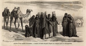La llegada de una esposa turca (Turkmenistán) a la familia de su esposo; las hijas no se casan antes de los 17 años, son elegidas por el esposo que negocia la dote (que proporciona a la familia de su futura esposa) y las condiciones del matrimonio. Grabado de Unknown artist