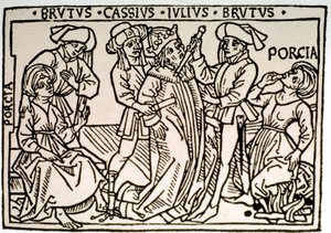 El asesinato de Julio César (100-44 a.C.): es apuñalado por Bruto y Casio mientras Porcia, esposa de Bruto, se desvanece. Xilografía del siglo XVI. Roma, Biblioteca Vallicelliana de Unknown artist