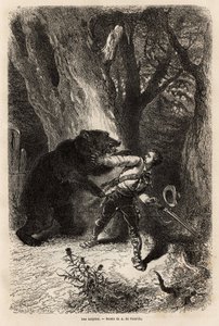El autor, durante una excursión alrededor de Jacksonville, es sorprendido en el bosque por un oso doméstico y encadenado. Grabado para ilustrar la historia cuatro meses en Florida, por Achille Pousselgue en 1851-1852, publicado en “Le tour du monde” 1870-1 de Unknown artist