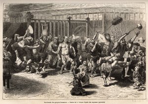 La bacanal de los cerveceros, en la víspera de Año Nuevo, después de recibir su salario y festejar, caminan en una alegre y ruidosa procesión en Edo (actual Tokio), equipados con un enorme fregadero de sake y un largo plumero para empujar los techos, el pr