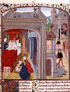 El nacimiento de Alejandro Magno (356-323 a.C.), hijo de Olimpia y Nectanebo II. Miniatura de 