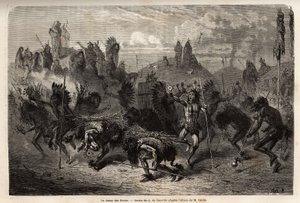 La danza del bisonte realizada por los guerreros de los indios Mandans (o noumah ka kie: faisanes) en la orilla izquierda del Missouri. Grabado para ilustrar una excursión entre las tribus indias de las cuencas de Colombia y el Alto Missouri, por G. Catlin