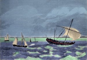La captura de un dhow (barco árabe) negrero a lo largo de la costa malgache. de Unknown artist