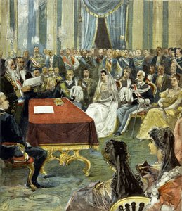 El matrimonio civil del Príncipe de Nápoles - que se convirtió en Víctor Manuel III (Vittorio Emanuele) - con la Princesa Helena de Montenegro en el Palacio del Quirinal en 1896. En el centro se puede ver a Humberto I (Umberto) a la izquierda de la novia