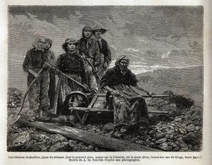 Los clasificadores de carbón, tipo de Creusot; en primer plano, sentada en la carretilla, la mayor de los clasificadores, la madre Dion, 36 años de clasificación. Grabado para ilustrar un viaje a Creusot y las minas de Saona y Loira, en 1865, por L. Simoni