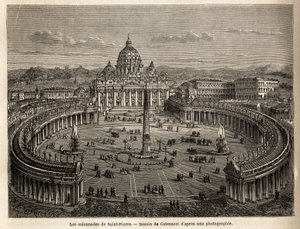 Las columnatas de San Pedro en el Vaticano, traídas por Bernini (1598-1680) en 1655, en un plano elíptico, que se convirtió en un lugar común de la arquitectura barroca y rococó. Grabado para ilustrar el viaje a Roma, por Francis Wey, en 1864-1868, publica