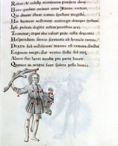 La constelación representada es la de Boyero (o Bootes), que sostiene el cabello de Berenice con la mano izquierda. Página de un manuscrito del siglo XVIII basado en el manuscrito original “Astronomica” de Biasino da Parma (Blaise de Parma) (1425-1457)