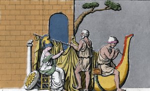 La construcción del barco Argo, asistida por Minerva, con la madera sagrada de los robles de Dodona. de Unknown artist