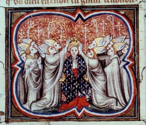 La coronación del Rey Felipe Augusto (1165-1223) en la catedral de Reims el 1/11/1179. Miniatura de un manuscrito del siglo XIV. París, B.N.