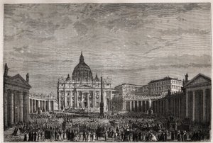 La multitud se apresuró a la Plaza de San Pedro en el Vaticano para recibir la gran bendición de Pascua por el Papa Pío IX (1792-1878). Grabado para ilustrar la historia de la Semana Santa en Roma, en 1863, por Ludovic Celler, en “Le tour du monde, nouveau de Unknown artist