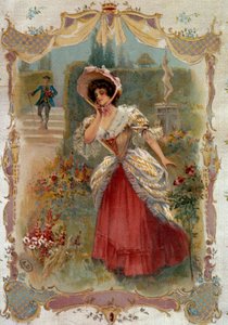 La cita. Una joven espera a su prometido. Litografía del siglo XIX de Unknown artist
