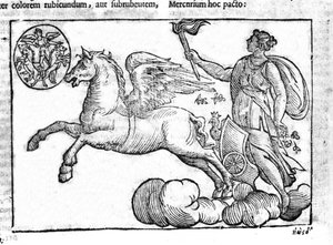El amanecer (el carro del sol). Alegoría del amanecer con personajes de la mitología griega y romana en el cielo. Grabado de “Mythologiae sive explicationes fabularum” de Natalis Comitis. 1637 de Unknown artist