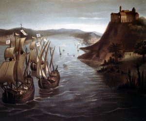 La partida de Cristóbal Colón de Palos. Cromolitografía del siglo XIX de Unknown artist