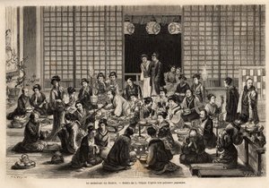El comedor del Teatro de Yokohama está permanentemente lleno, incluso durante la actuación. Grabado para ilustrar el viaje a Japón, por Aime Humbert, ministro de la Confederación Suiza, en 1863-1864, publicado en “Le tour du monde, nouveau journal des voya de Unknown artist