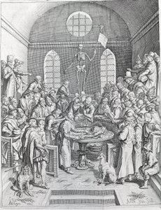 El grupo de disección de médicos y científicos reunidos para seguir una disección en un anfiteatro. Grabado de 1788 de Unknown artist