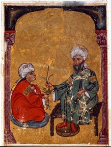 El médico y botánico Pedanius Dioscorides (40-90 d.C.) explicando a uno de sus estudiantes las virtudes de las plantas. Miniatura derivada de su tratado “De materia medica” (Fol. 2 verso). De Irak. 1229. Biblioteca del Museo Topkapi Sarayi, Estambul de Unknown artist