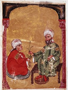 El médico y botánico Pedanio Dioscórides (40-90 d.C.) sentado con uno de sus estudiantes. Miniatura de su tratado “De materia medica” (ms Ahmed III, 2147, folio 217a) 1229 Biblioteca del Museo Topkapi Sarayi, Estambul de Unknown artist