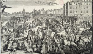 El embotellamiento del Pont Neuf en París. Ilustración del tráfico y los atascos en las calles de París en el siglo XVIII. Grabado de 1710 de Unknown artist