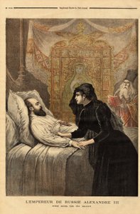 El emperador (zar) de Rusia Alejandro III (1815-1894) en su lecho de muerte, de 1881 a 1894, su reinado mostró un autócrata sin concesiones, llevando una política exterior pacífica y actor voluntario del acercamiento con Francia. Grabado en “Le petit journ