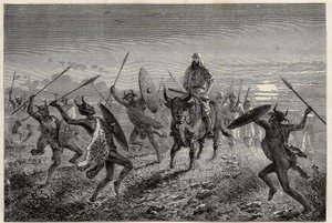 La escolta asignada al viajero Baker, realiza una fantasía antes de partir hacia el lago Alberto (o Albert Nyanza). Grabado para ilustrar el viaje al lago Alberto, en 1861-1864, de Sir Samuel White Baker, en “Le tour du monde, nouveau journal des voyages”