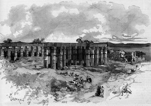 Las excavaciones de Luxor en Egipto, dirigidas por Gaston Maspero (1846-1916) egiptólogo francés. Grabado en “El Mundo Ilustre” 1885