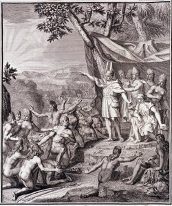 El primer Inca Manco Capac y la Reina Coya Mama Oello Huaco su esposa, ambos hijos del Sol, reúnen a los salvajes - en “Viaje Histórico de América del Sur hecho por orden del Rey de España” por Don Georges Juan y Don Antoine de Ulloa, T.II, ed. Jombert de Unknown artist