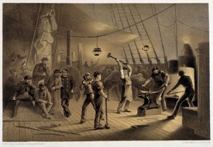 La fragua en cubierta. Noche del 9 de agosto preparando el revestimiento de hierro para el cabrestante - en "El telégrafo atlántico" de W. H. Russel, ca. 1860 de Unknown artist