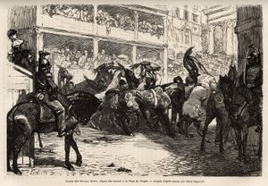 La carrera de caballos libre, organizada cuatro veces durante el carnaval, comienza en la Plaza del Pueblo, luego se lanza al triple galope en el Corso hasta la Plaza de Venecia, donde se presentan los premios. Grabado para ilustrar el viaje a Roma, por Fr de Unknown artist