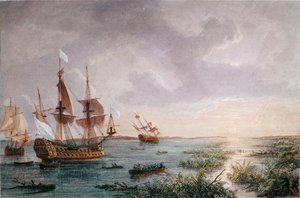 El explorador francés René Robert Cavelier, Sieur de LaSalle descubre Luisiana, en 1684 (grabado)