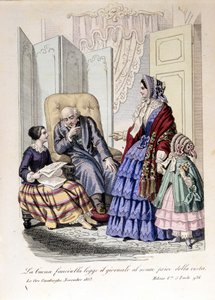 La niña lee el papel a su abuelo que ha perdido la vista. De “Le ore casalinghe”, noviembre de 1853. de Unknown artist