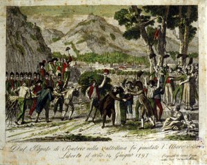 Los habitantes de Sondrio de la Valtellina plantan el árbol de la Libertad, símbolo de la victoria sobre el Antiguo Régimen. 14/06/1797. Grabado de Unknown artist