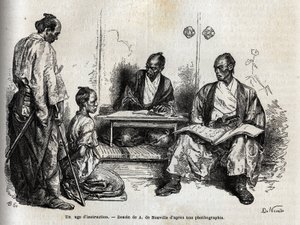 El juez de instrucción en el desempeño de sus funciones, arrodillado frente a él, lo acusa un samurái. Grabado para ilustrar el viaje a Japón en 1863-1864, por Aime Humbert, ministro de la Confederación Suiza, en “Le tour du monde, nouveau journal des de Unknown artist