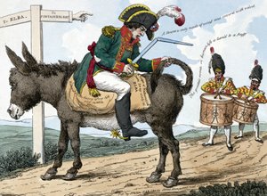El viaje de un héroe moderno, a la isla de Elba. El viaje de un héroe moderno a la isla de Elba. Esta caricatura muestra a Napoleón Bonaparte sentado en un burro en el camino de Fontainebleau a la Isla de Elba; sostiene una espada rota en una mano y el 