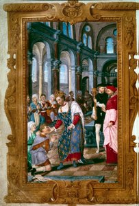 El rey toca, Dios te oye. El rey Enrique II (1519-1559), taumaturgo, cura a un enfermo de escrófulas en la abadía de Saint Marcoul, justo después de la ceremonia de coronación en Reims. Cerca de él el arco de Reims. Miniatura de “Las Horas de Enrique II” 1