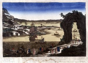 El desembarco de los franceses para el establecimiento de la nueva colonia en el puerto de Nouvelle Cayenne (o Francia Equinoccial)