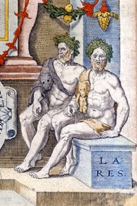 Los dioses lares: protegen la casa y sus habitantes (son los espíritus de los antepasados). Grabado del siglo XVI de Unknown artist