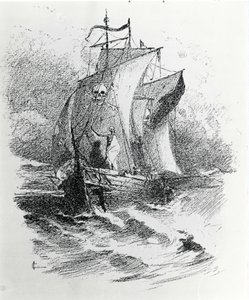 La leyenda del Barco Fantasma o el Holandés Errante: un comandante holandés que quiso tentar al destino habría sido condenado a vagar en su barco para siempre trayendo desgracia a los barcos que cruzaran su camino. Grabado del siglo XIX de Unknown artist