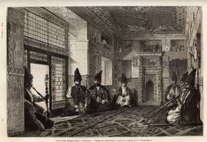 El salón de una casa rica tártara en Schusha (Transcaucasia, Rusia), donde los hombres se reúnen, sentados en alfombras para fumar la pipa y charlar. Grabado para ilustrar el viaje en las provincias del Cáucaso, por Basile Vereschaguine, en 1864-1865, publ de Unknown artist