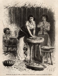 La fabricación de pan de maíz, la base de la alimentación, por mujeres del Gran Valle del Cauca (Colombia). Grabado para ilustrar el viaje a Nueva Granada, por el Dr. Saffray, en 1869, publicado en "Le tour du monde" 1873, editado por Edouard Charton, edic de Unknown artist