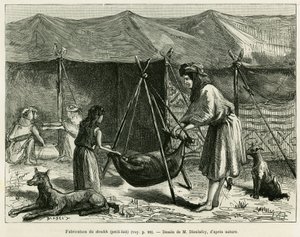 La fabricación de leche por las mujeres pastoras de la región de Karoun. Grabado para ilustrar la historia La Persia, la Caldea y la Susiana por Jane Delafoy (1851-1916), oficial de la academia, en Le tour du monde 1886, dirigido por Edouard Charton (1807- de Unknown artist