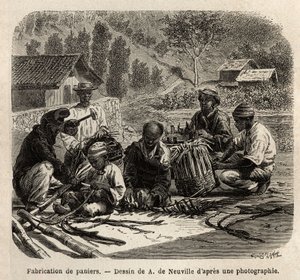 La fabricación de cestas de hojas de palma, para la recolección de café. Grabado para ilustrar el viaje a Brasil, historia por M. y Mme Agassiz, en 1865-1866, publicado en “Le tour du monde, nouveau journal des voyages”, bajo la dirección de Edouard Charto de Unknown artist