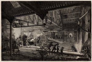 La fabricación de los rieles en las antiguas forjas de Le Creusot, las tiras de acero, blancas de calor, se extienden en rieles entre los molinos de laminación. Grabado para ilustrar un viaje a Le Creusot y las minas de Saona y Loira, en 1865, por L. Simon de Unknown artist