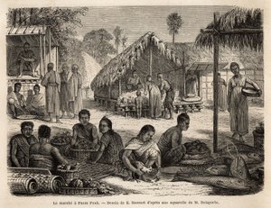 El mercado en Phnom Penh, donde comerciantes malasios y chinos ofrecen una amplia gama de productos de consumo y manufactura. Grabado para ilustrar el viaje de exploración en Indochina, por Francis Garnier, teniente de navío, en 1866-1868